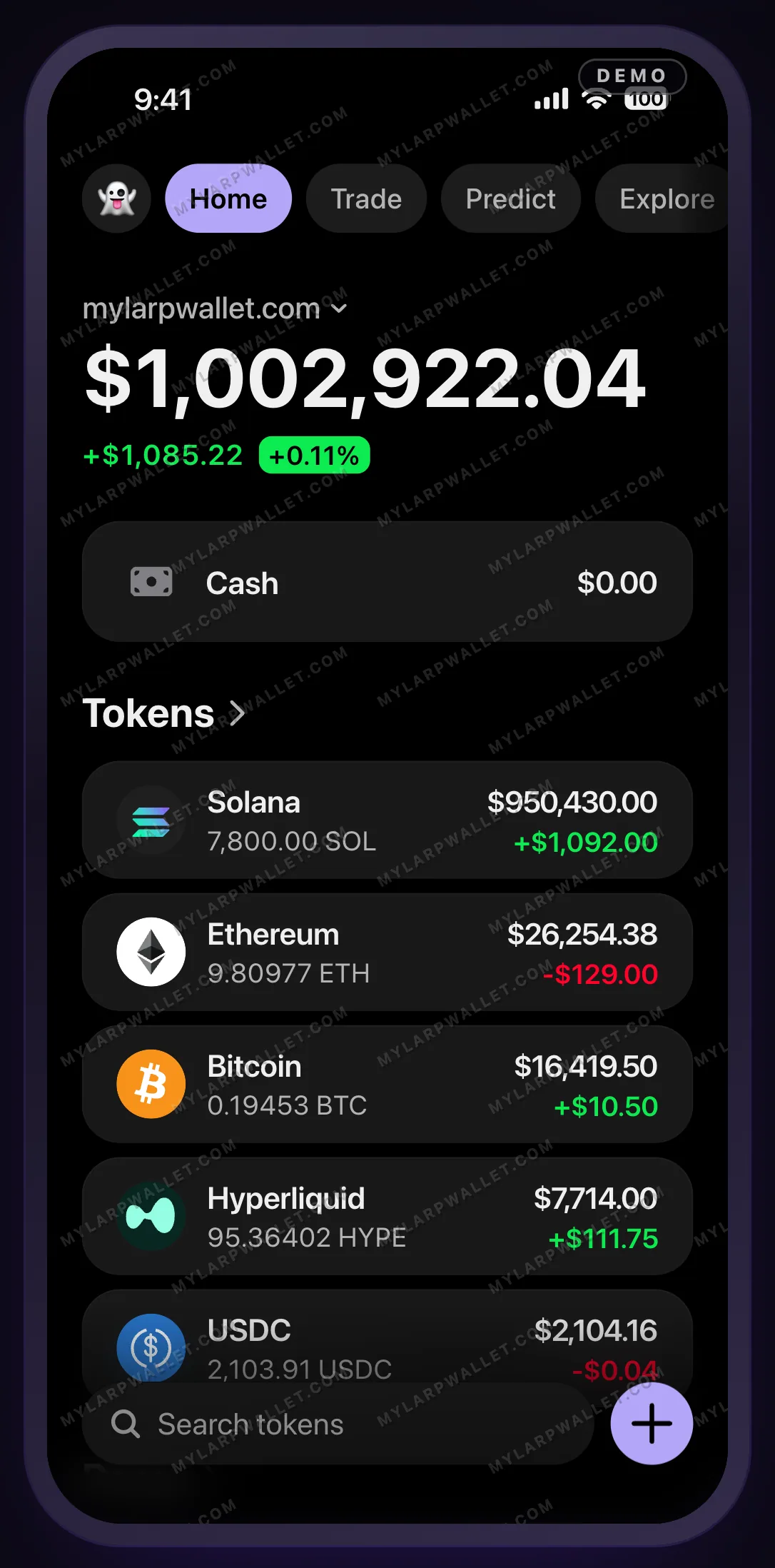 Écran de téléphone d'une démo de portefeuille crypto affichant un total de 1 002 922,04 dollars, dont 7 800 SOL valorisés 950 430 dollars, avec la pastille DEMO dans la barre d'état et le filigrane MYLARPWALLET.COM répété en diagonale