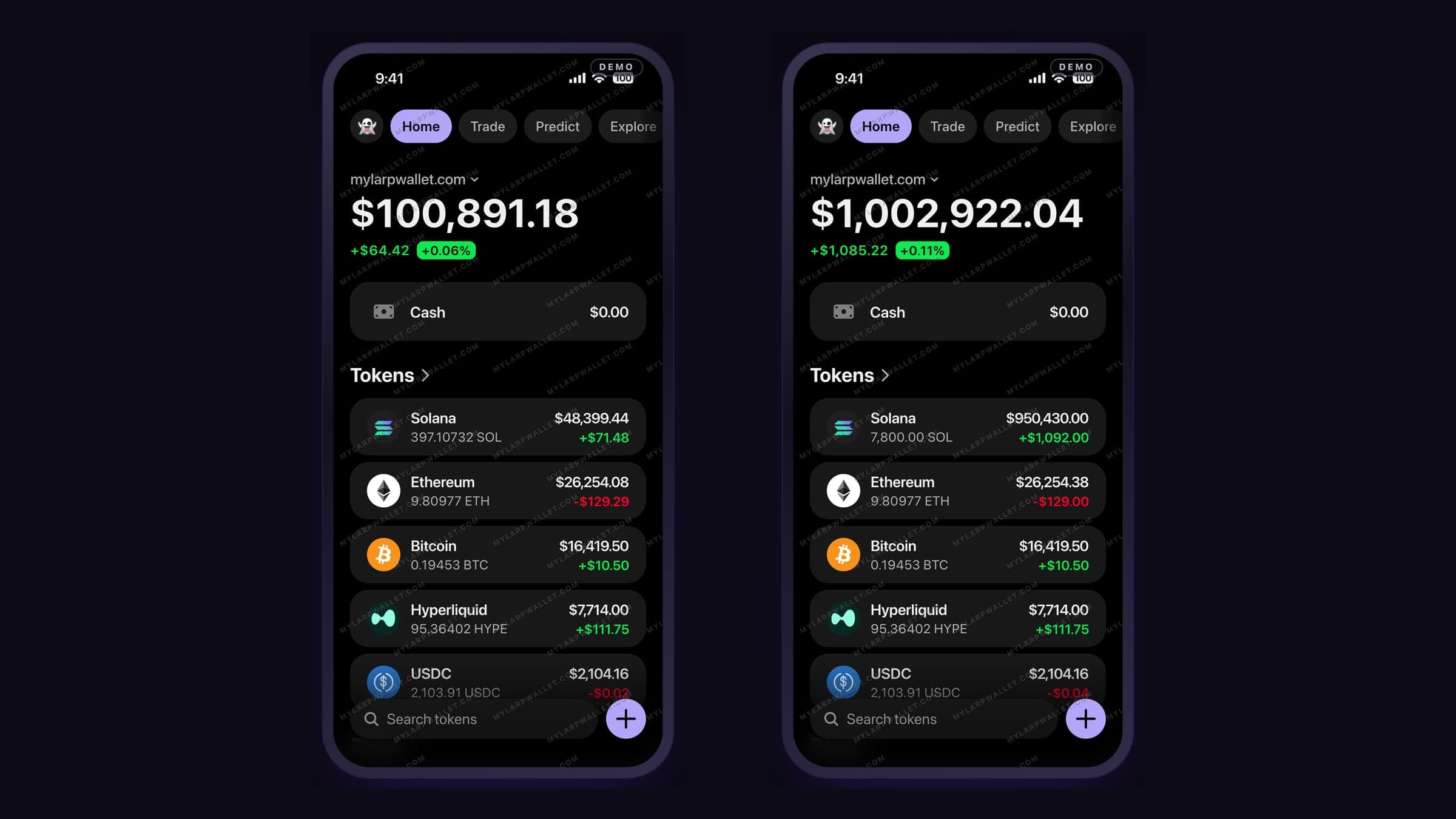Deux écrans de la démo My Larp Wallet côte à côte : à gauche un portefeuille crypto fictif à 100 891,18 dollars, à droite le même à 1 002 922,04 dollars après la saisie de 7 800 SOL ; les deux portent la pastille DEMO et le filigrane MYLARPWALLET.COM