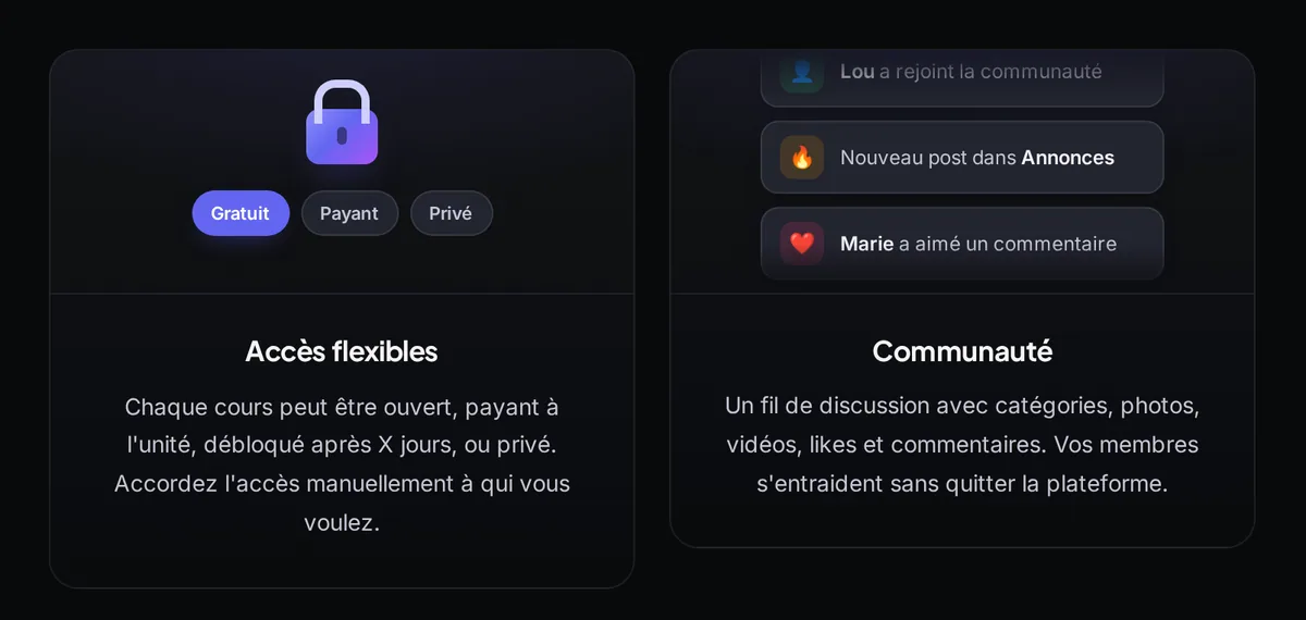 Deux tuiles de la page d'accueil de Learnea : « Accès flexibles » (cours ouvert, payant à l'unité, débloqué après X jours ou privé) et « Communauté » (fil de discussion avec catégories, photos, vidéos, likes et commentaires)