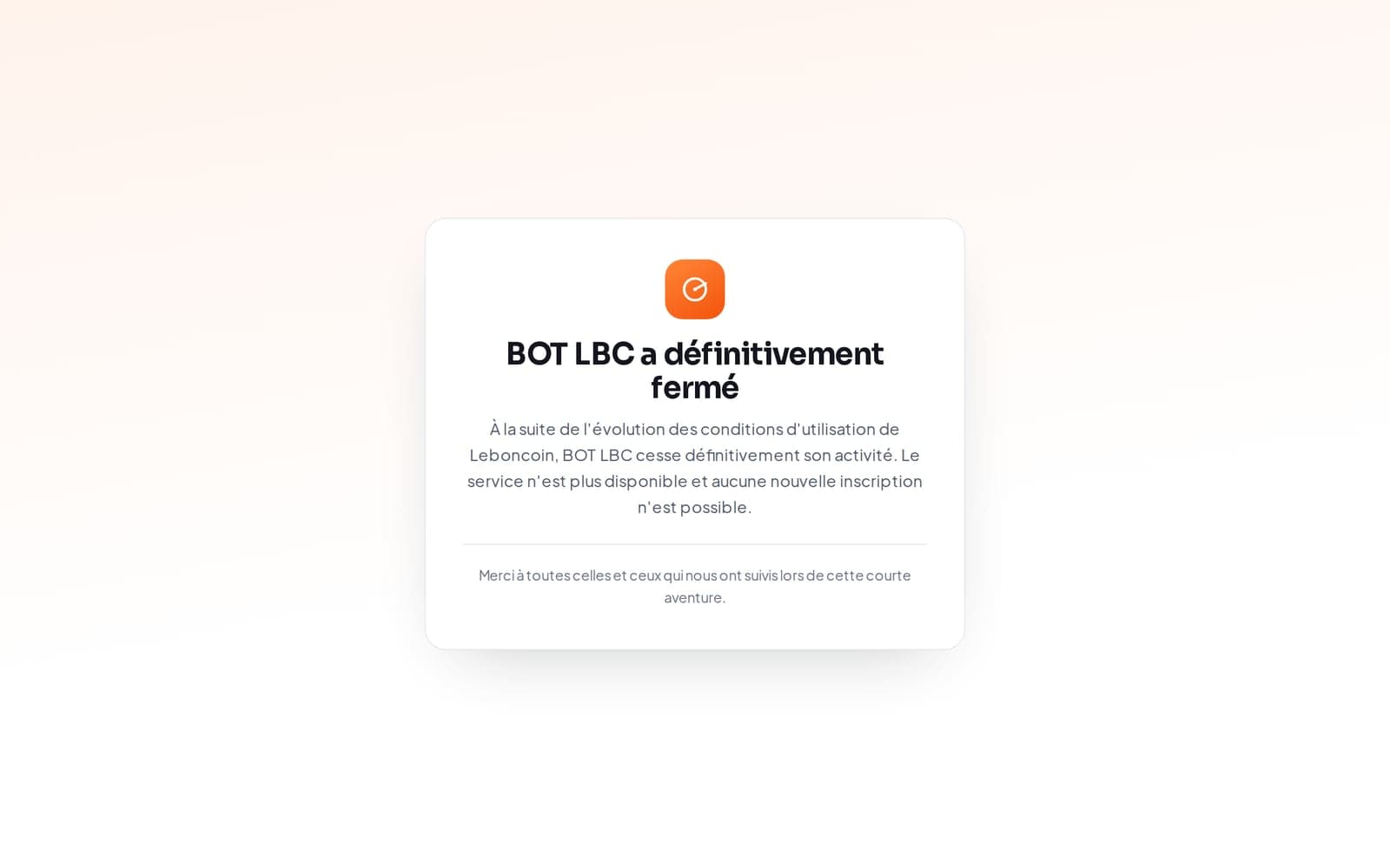 La page d'accueil de botlbc.fr en septembre 2026 : une carte unique annonce « BOT LBC a définitivement fermé ».