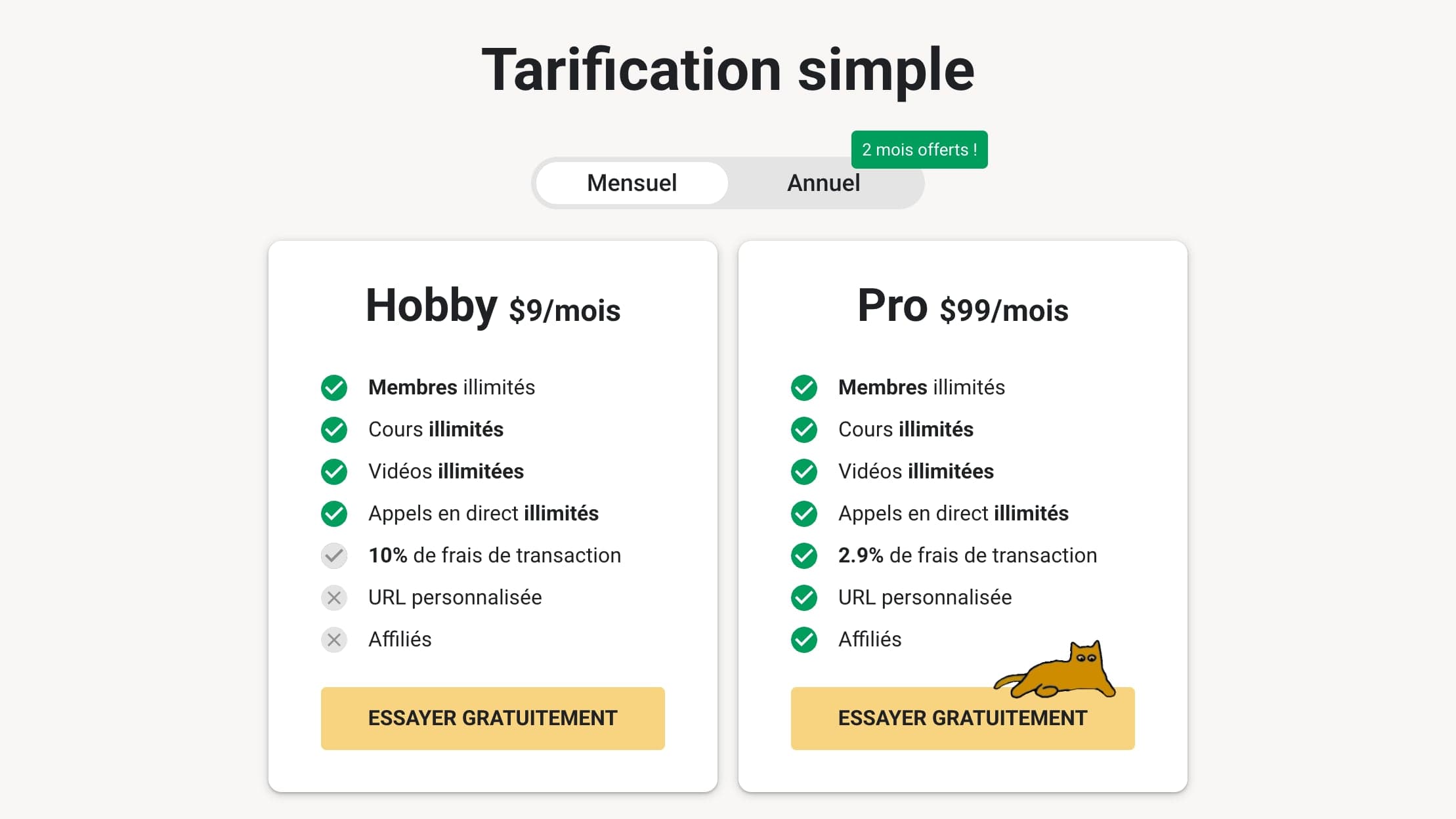 Page Tarifs de Skool en français : sous le titre « Tarification simple » et un sélecteur Mensuel ou Annuel marqué « 2 mois offerts ! », deux cartes, Hobby à 9 $ par mois avec 10 % de frais de transaction, sans URL personnalisée ni affiliés, et Pro à 99 $ par mois avec 2,9 % de frais, URL personnalisée et affiliés