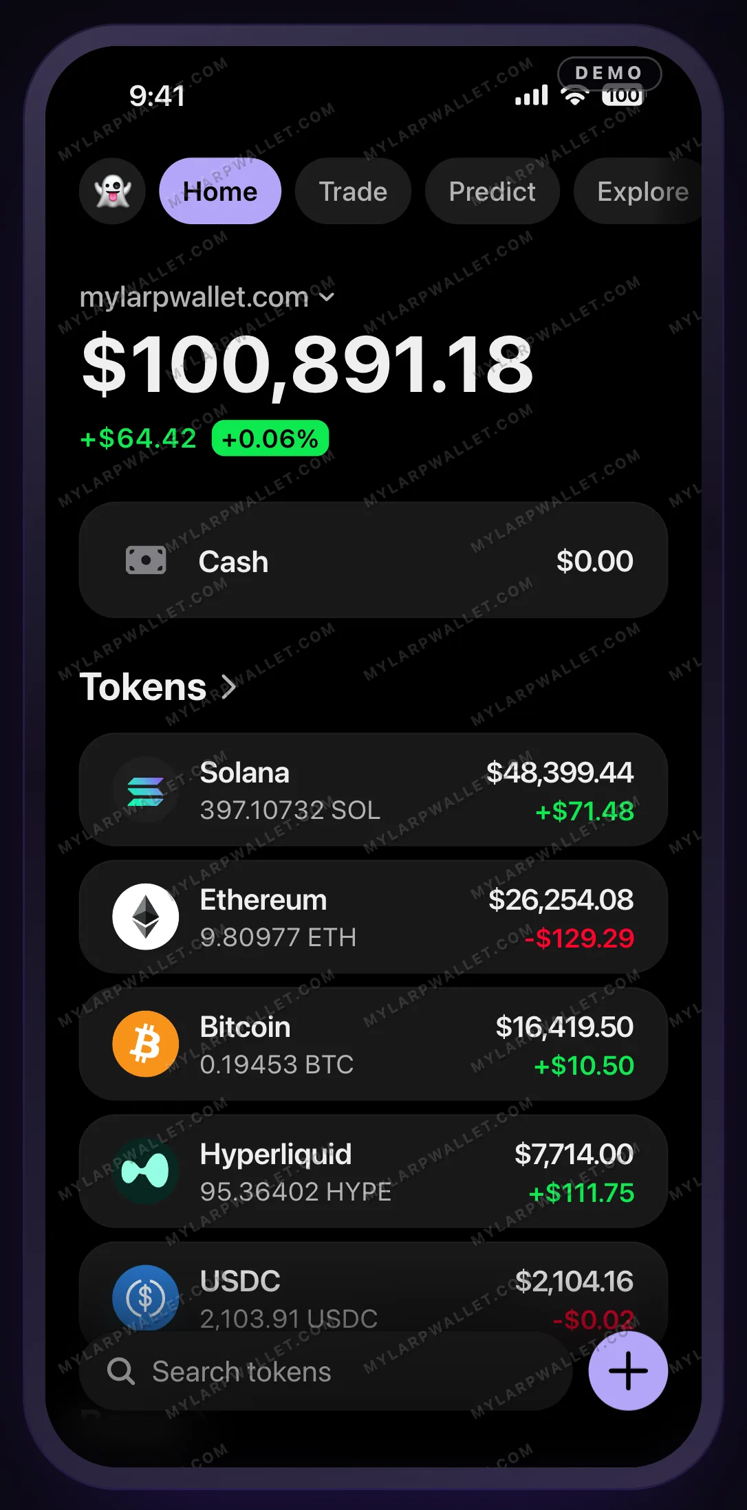 Écran de la démo de My Larp Wallet avant toute modification : un solde de 100 891,18 dollars, cinq lignes de jetons (Solana, Ethereum, Bitcoin, Hyperliquid, USDC), une pastille DEMO dans la barre d'état et le filigrane MYLARPWALLET.COM répété en diagonale sur tout l'écran